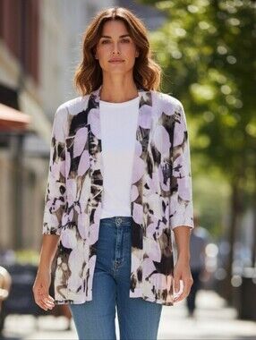 FDJ Collection Cotton Watercolor Floral Open Cardigan - Lavender, Black, Cream